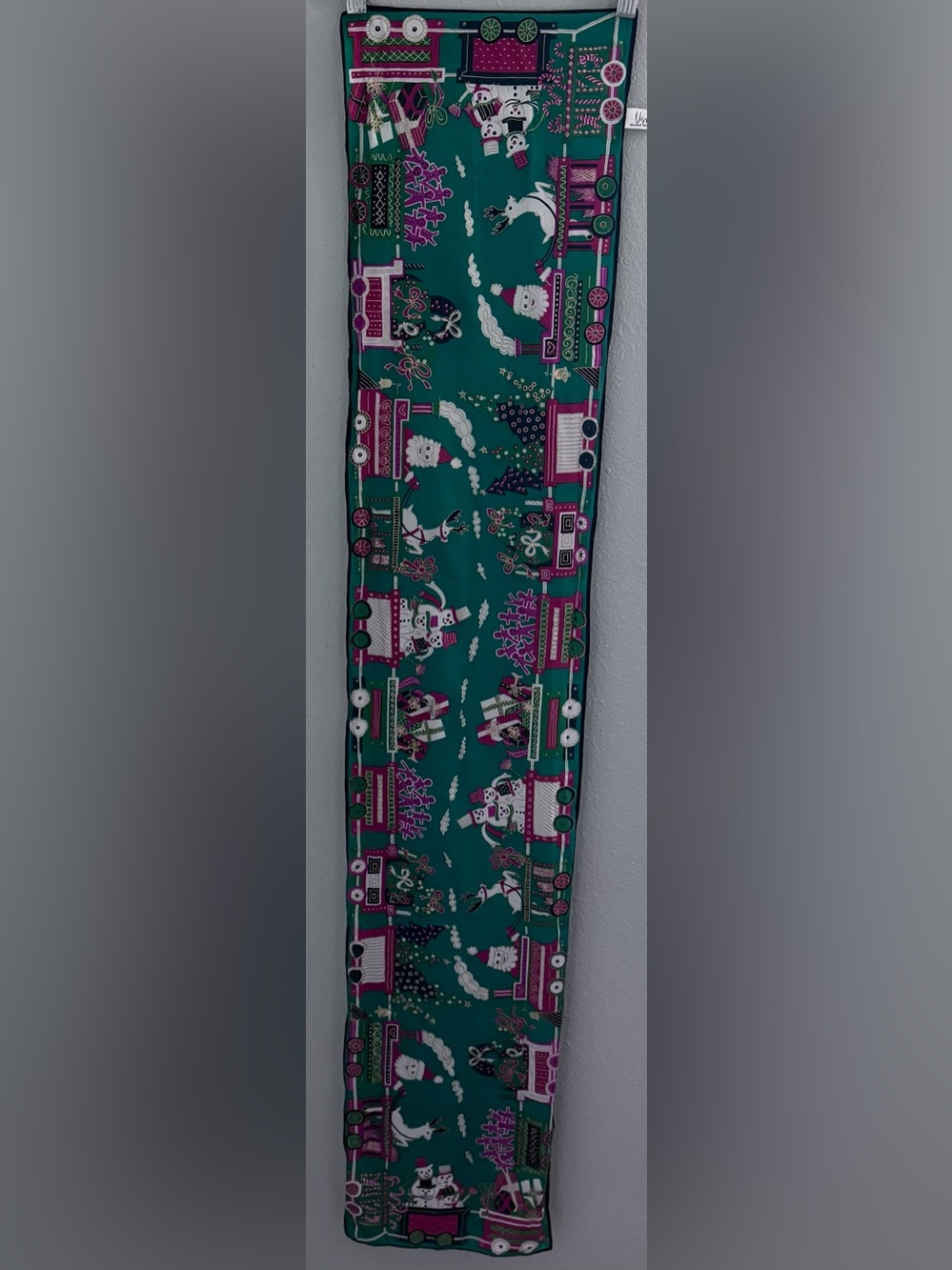 Vintage 1960s Vera Red and Green Holiday Train 100% Silk Scarf